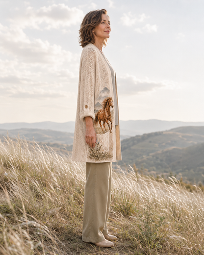 Side view of the Beige Mountain Meadow Horse Summer Cardigan in a grassy mountain landscape