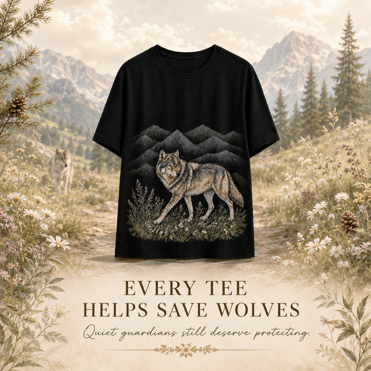 Women's Wolf Mountain Meadow Summer Tee black wolf artwork