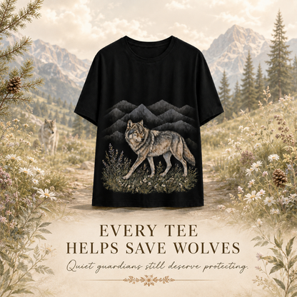 Women's Wolf Mountain Meadow Summer Tee black wolf artwork
