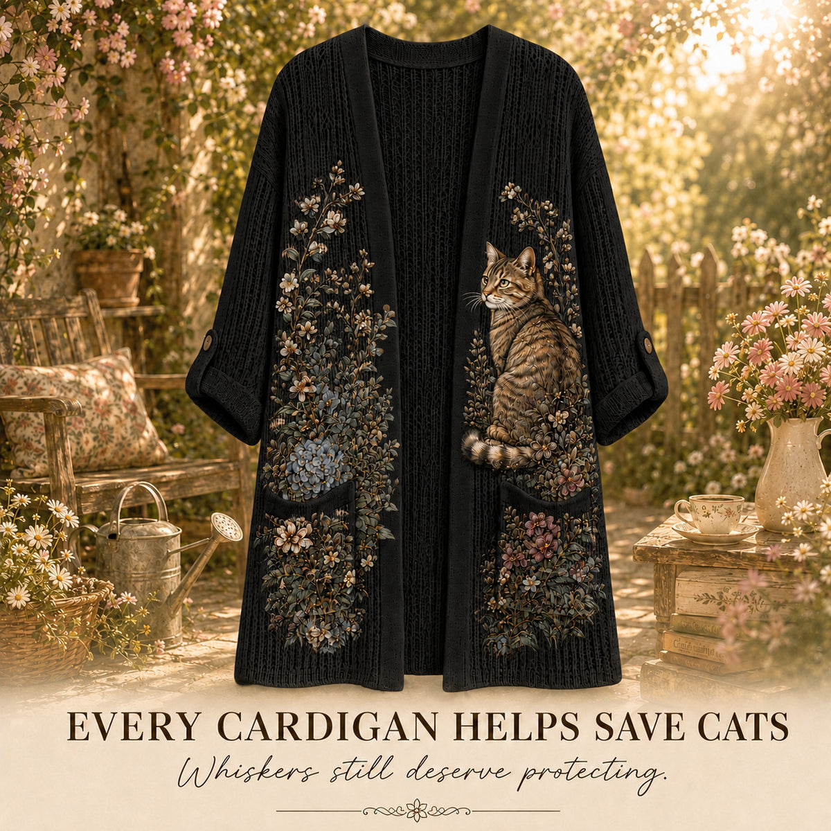 Women's Hydrangea Garden Cat Summer Cardigan in Black with a tabby cat and flowers