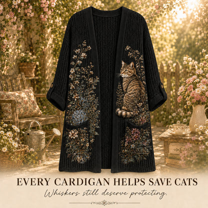 Women's Hydrangea Garden Cat Summer Cardigan in Black with a tabby cat and flowers