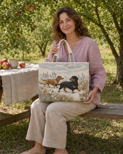 Woman seated at a garden table holding the Dachshund Wildflower Walk quilted tote