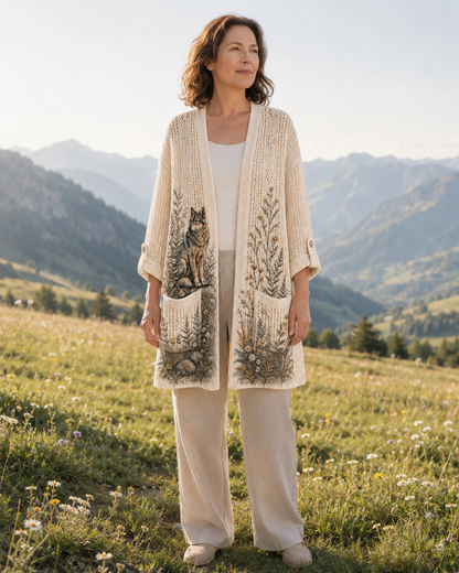 Woman wearing the Beige Moonlit Woodland Wolf Summer Cardigan in an alpine meadow