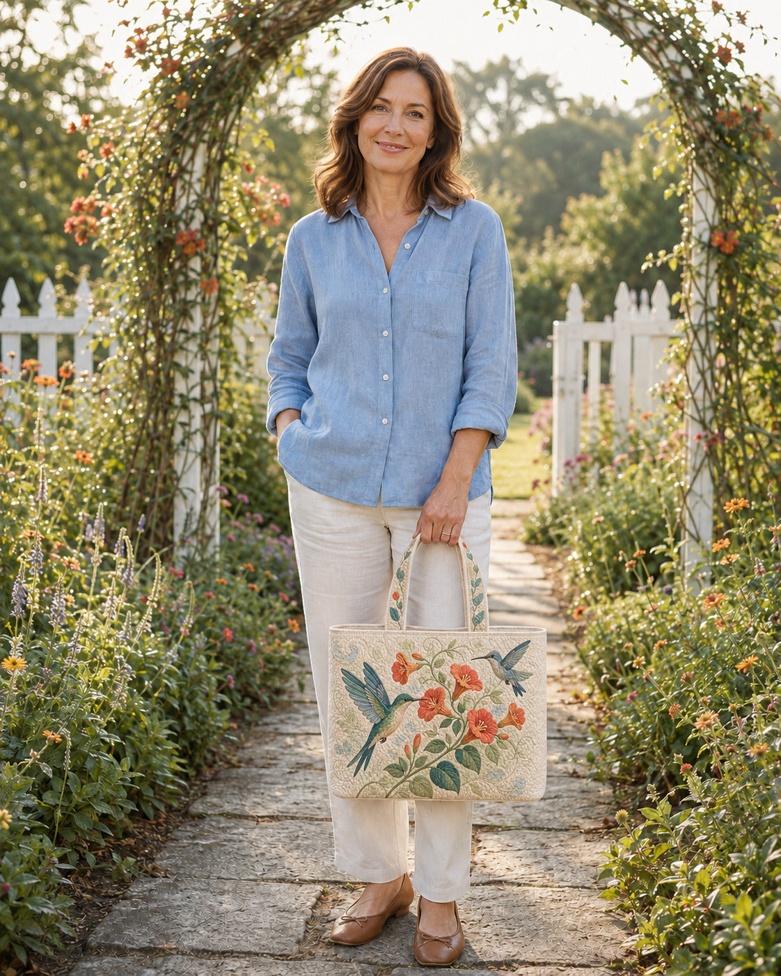Woman carrying the Hummingbird Nectar Trail quilted tote on a garden path