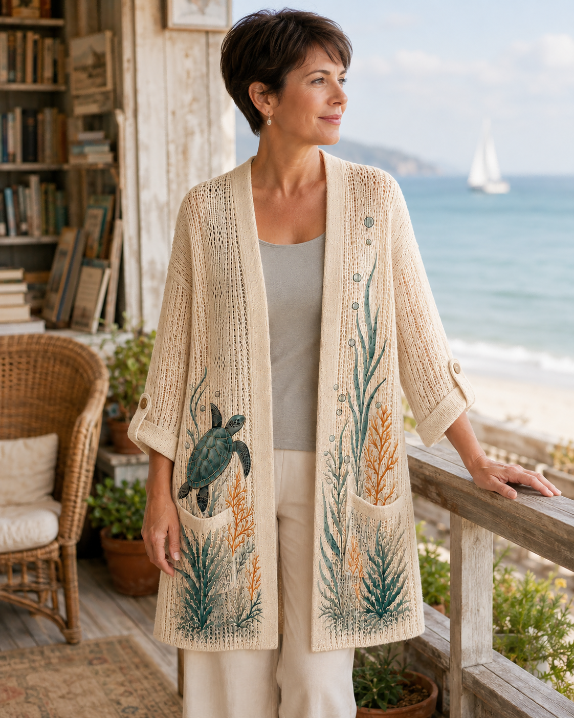 Front view of the Beige Coral Reef Sea Turtle Summer Cardigan on a seaside terrace