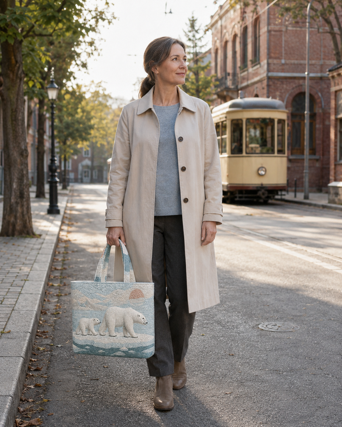 Woman carrying the Polar Bear Arctic Passage quilted tote on a city street beside a tram