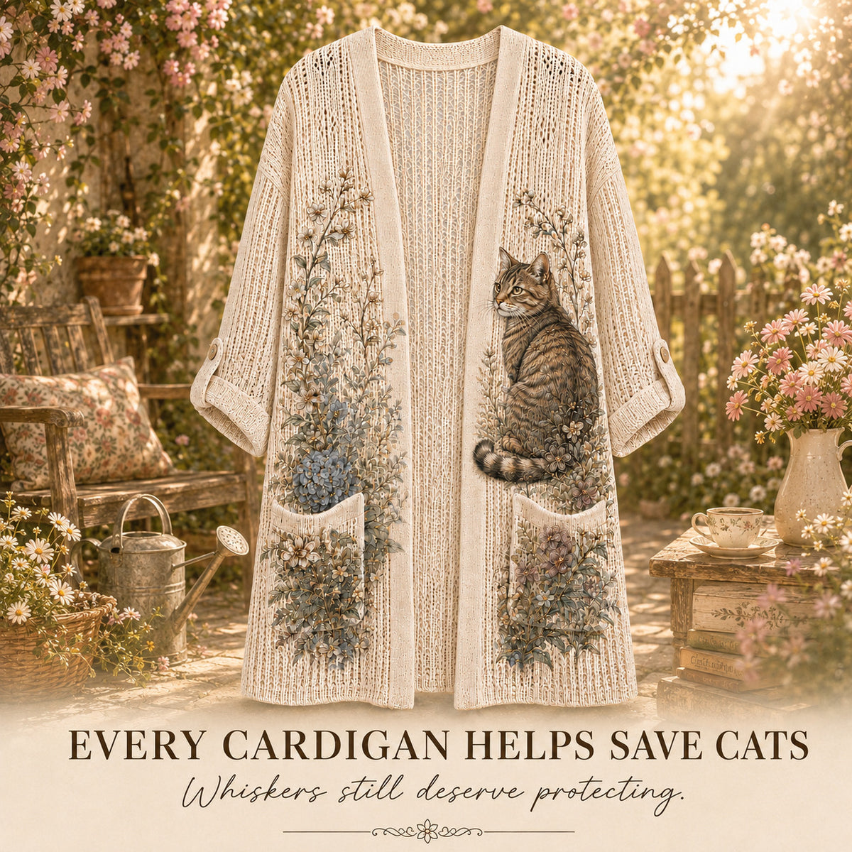 Women's Hydrangea Garden Cat Summer Cardigan in Beige with a tabby cat and flowers