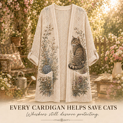 Women's Hydrangea Garden Cat Summer Cardigan in Beige with a tabby cat and flowers