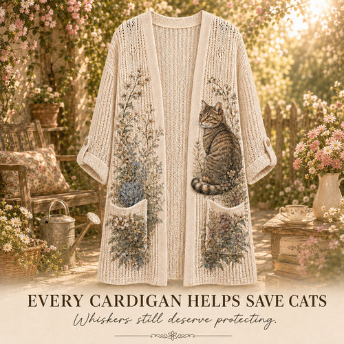 Women's Hydrangea Garden Cat Summer Cardigan in Beige with a tabby cat and flowers
