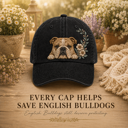 English Bulldog White Blossom Peek Embroidered Washed Cap