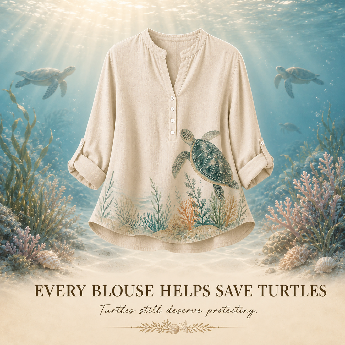 Women's Sea Turtle Coral Garden Summer Blouse beige sea turtle artwork