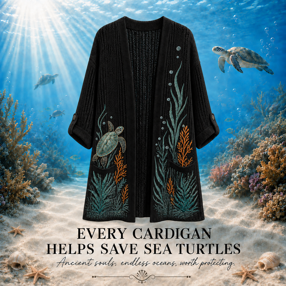 Women's Coral Reef Sea Turtle Summer Cardigan in Black with a sea turtle and ocean plants