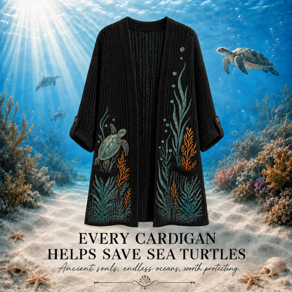 Women's Coral Reef Sea Turtle Summer Cardigan in Black with a sea turtle and ocean plants