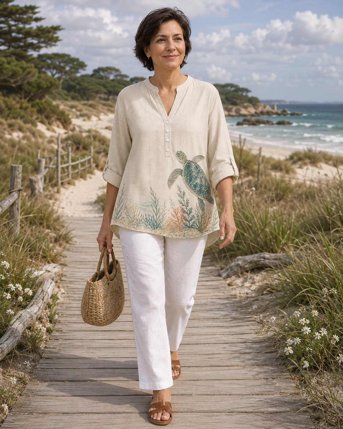 Women's Sea Turtle Coral Garden Summer Blouse lifestyle image 2