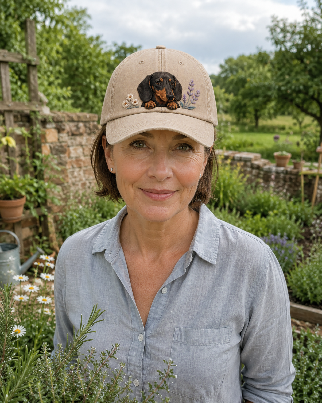 Dachshund Wildflower Peek Embroidered Washed Cap
