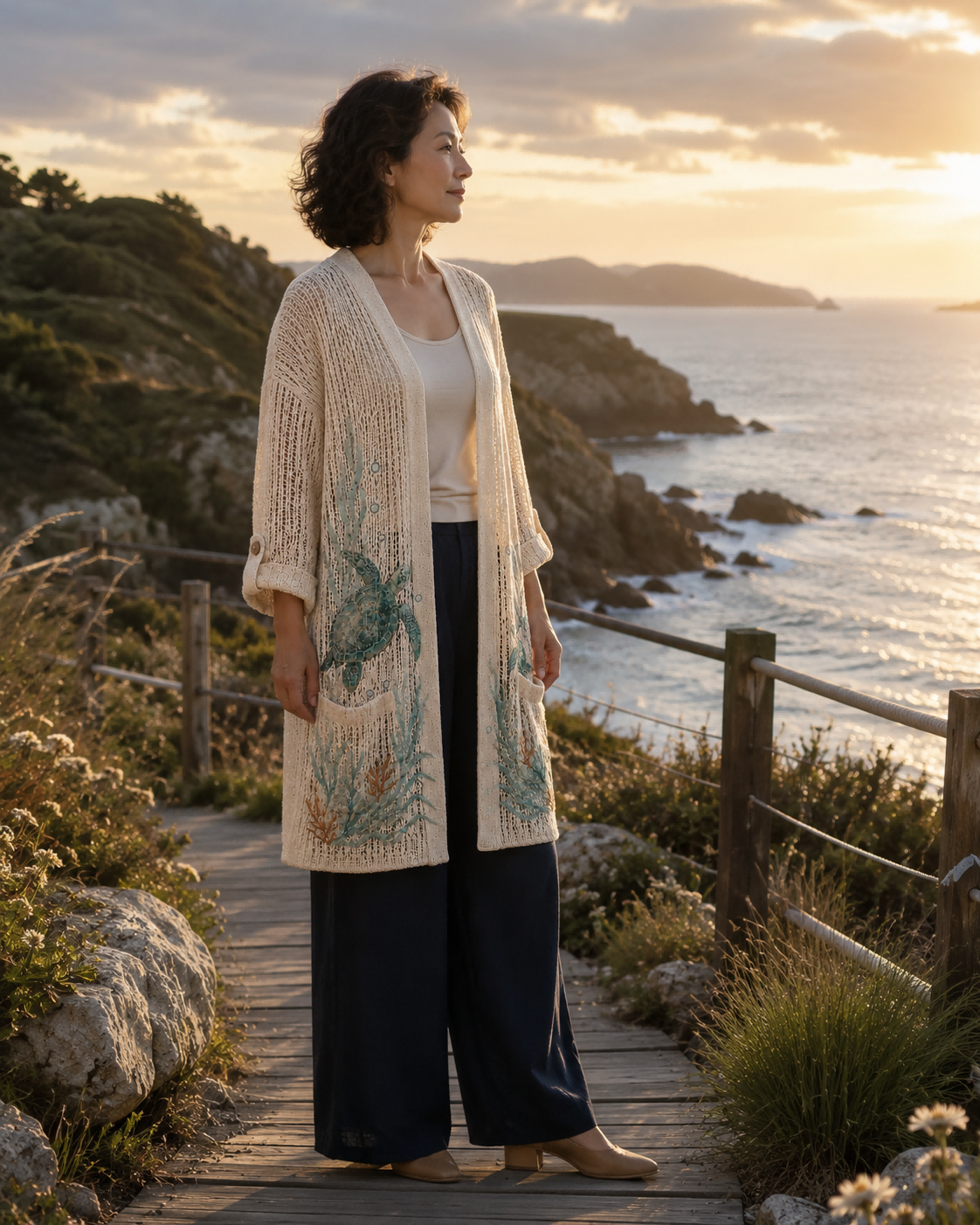 Side view of the Beige Seagrass Sea Turtle Summer Cardigan worn beside the coast at sunset