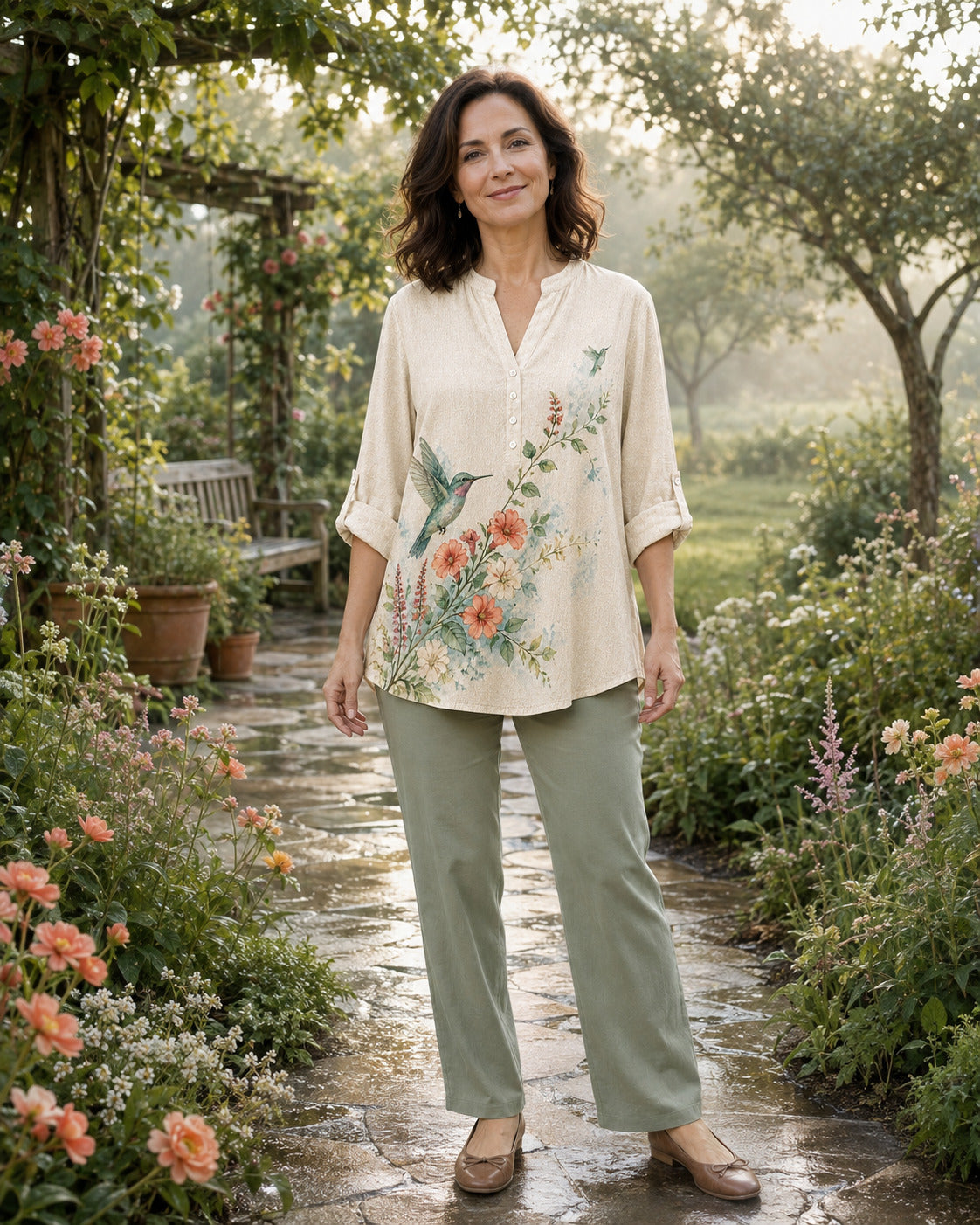 Women's Hummingbird Nectar Garden Summer Blouse lifestyle image 1