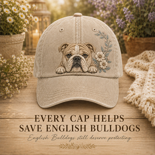 English Bulldog White Blossom Peek Embroidered Washed Cap