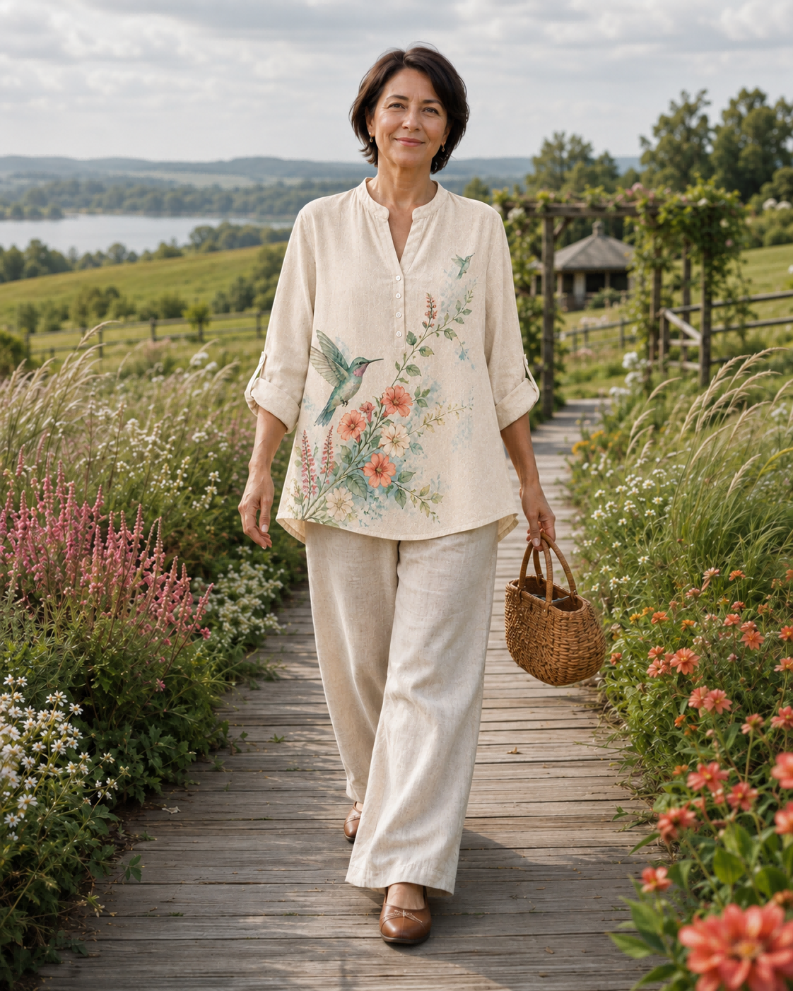 Women's Hummingbird Nectar Garden Summer Blouse lifestyle image 2