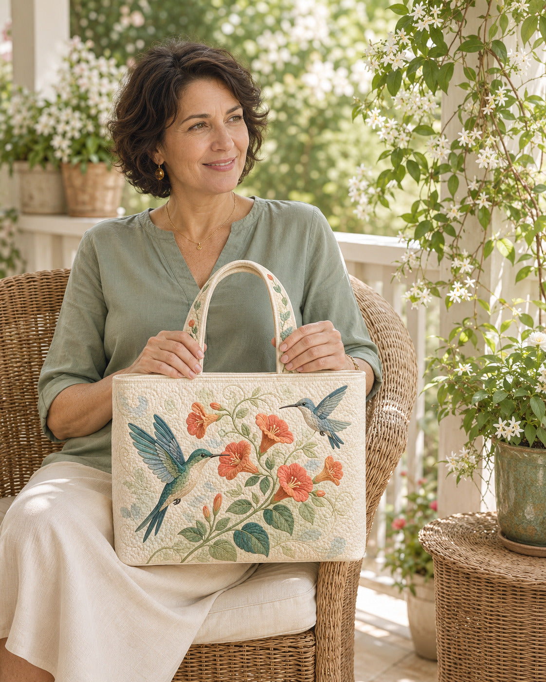 Woman holding the Hummingbird Nectar Trail quilted tote on a garden porch