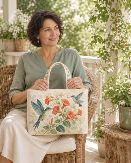 Woman holding the Hummingbird Nectar Trail quilted tote on a garden porch