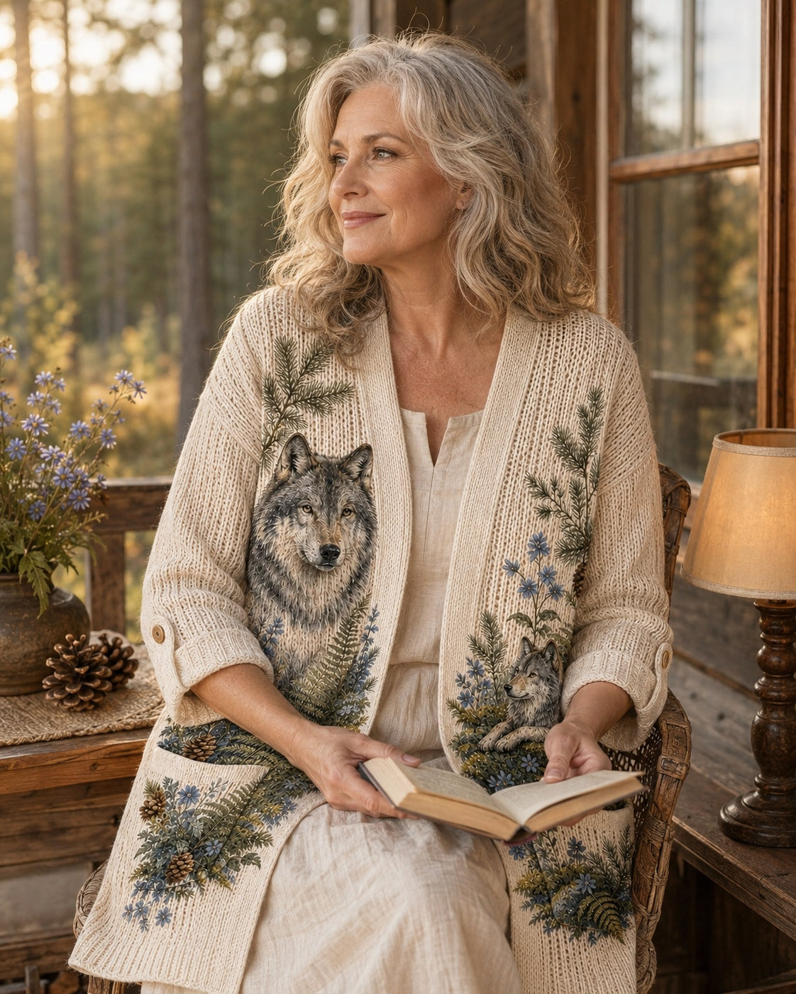 Women's Moonlit Forest Wolf Cardigan