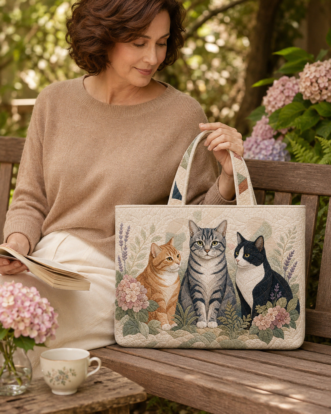 Botanical Garden Cats Quilted Tote