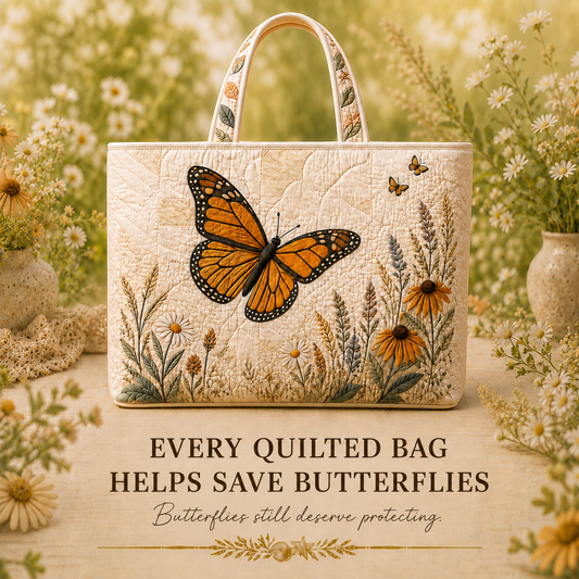 Monarch Butterfly Meadow Arc quilted tote displayed in a wildflower garden