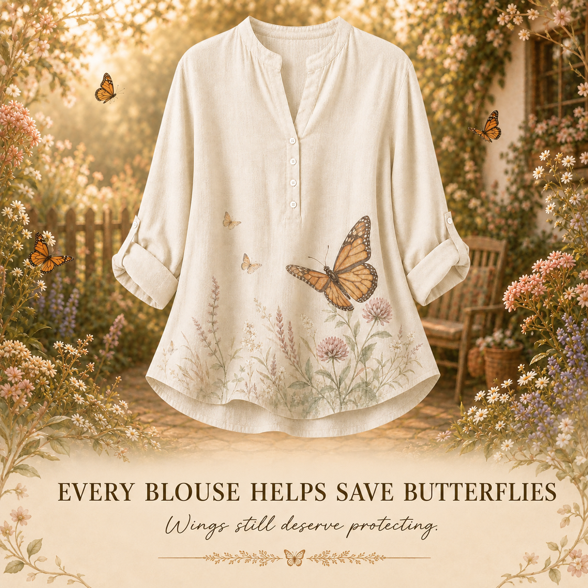 Women's Monarch Butterfly Wildflower Summer Blouse