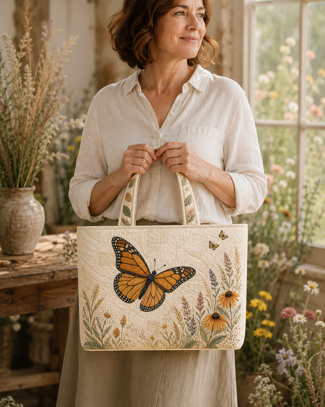 Woman holding the Monarch Butterfly Meadow Arc quilted tote in a sunlit studio