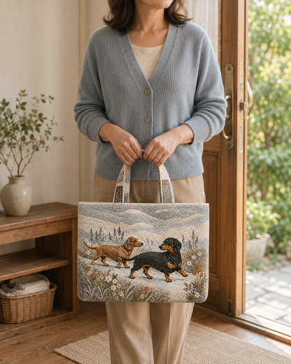 Woman holding the Dachshund Wildflower Walk quilted tote indoors beside a wooden bench