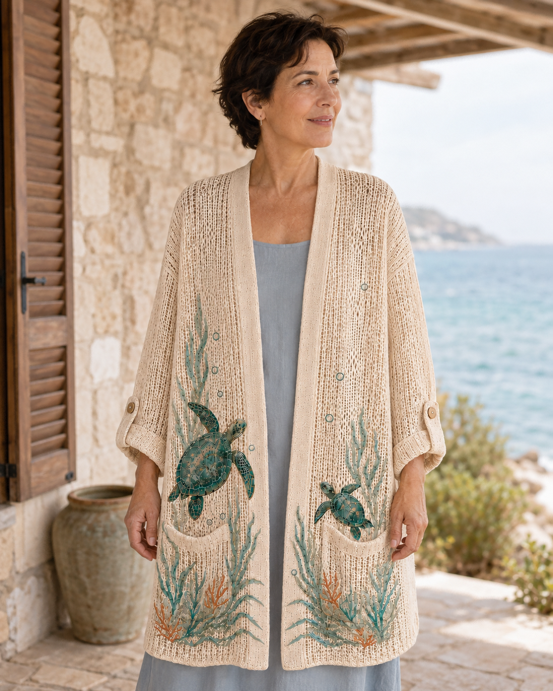 Close view of the Beige Seagrass Sea Turtle Summer Cardigan worn on a covered seaside terrace