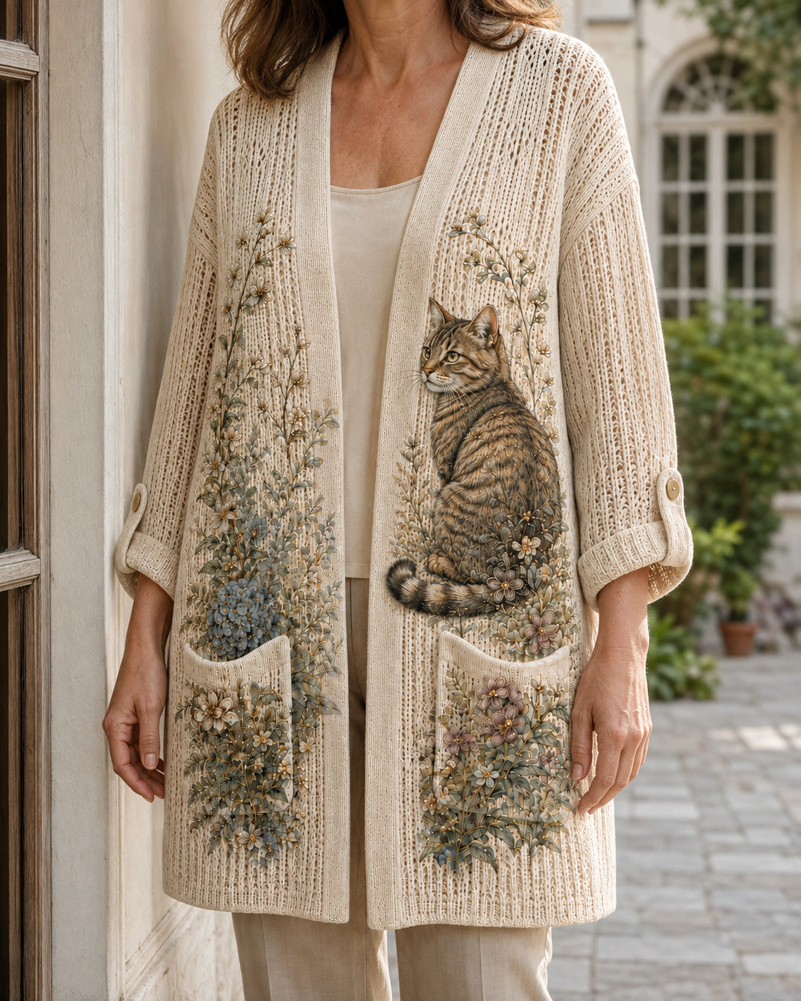 Detail view of the Beige Hydrangea Garden Cat Summer Cardigan with tabby cat artwork