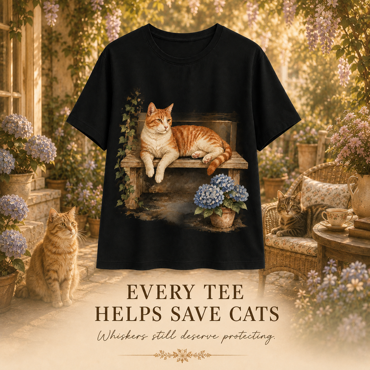 Women's Cat Hydrangea Porch Summer Tee black cat artwork