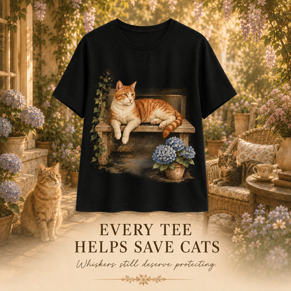 Women's Cat Hydrangea Porch Summer Tee black cat artwork