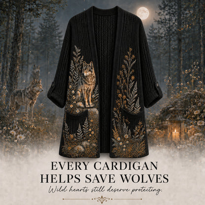 Women's Moonlit Woodland Wolf Summer Cardigan in Black with a wolf and fern design