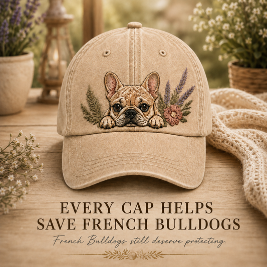 French Bulldog Lavender Peek Embroidered Washed Cap