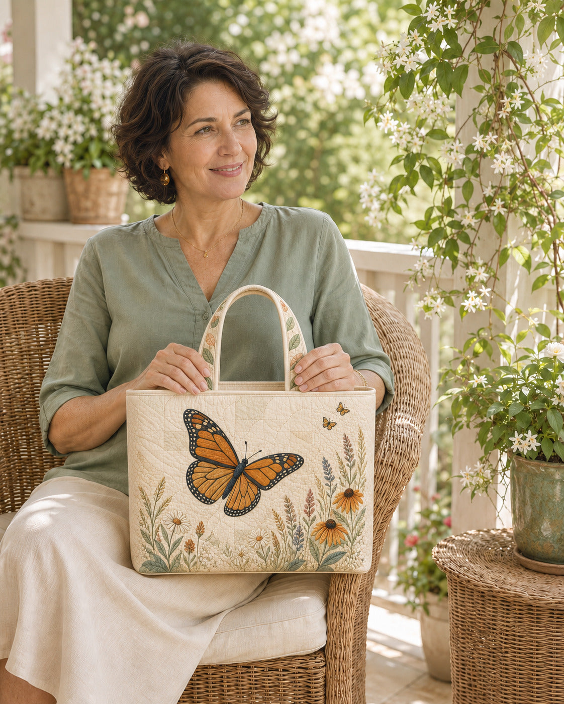 Woman holding the Monarch Butterfly Meadow Arc quilted tote on a garden porch