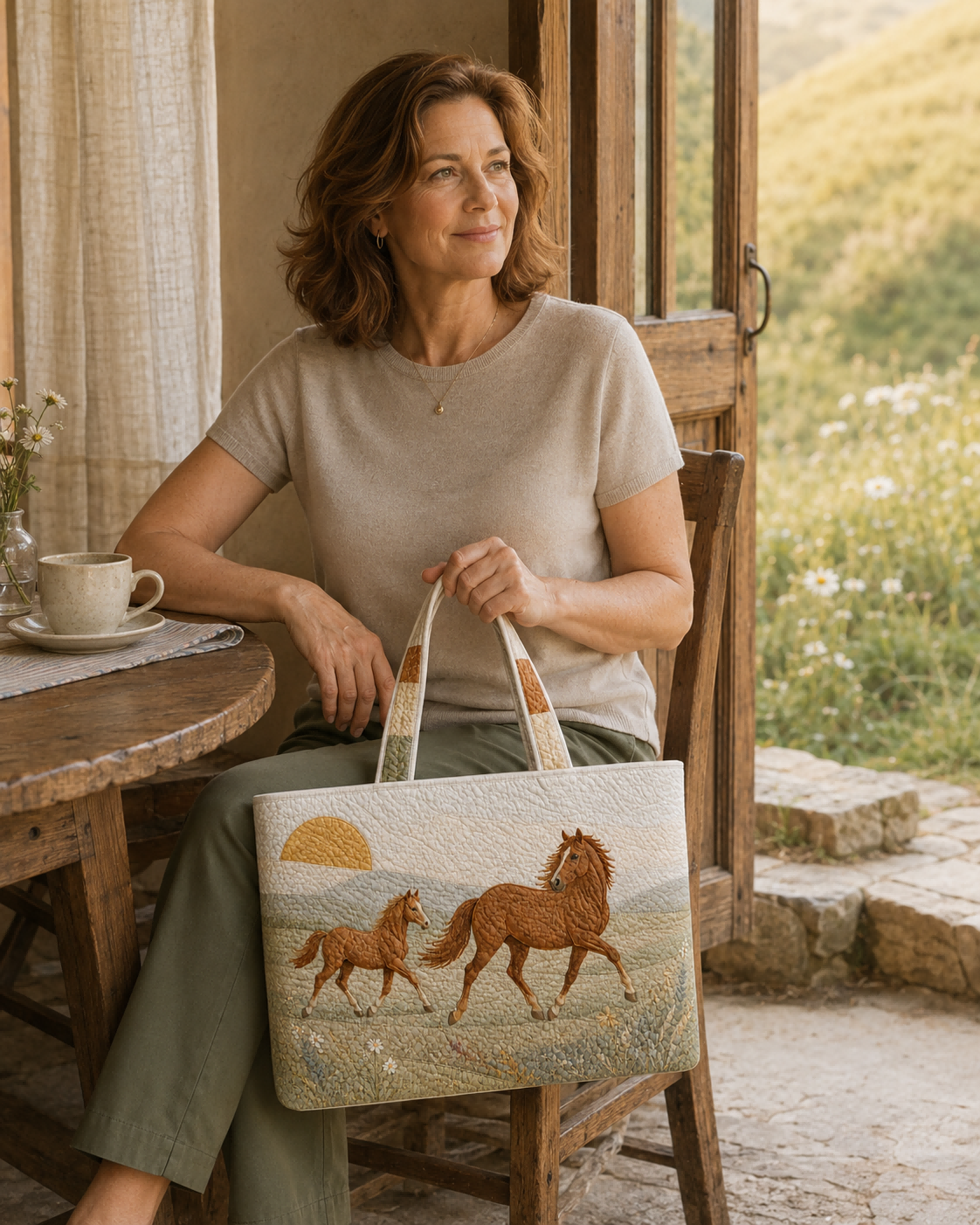 Woman seated with the Horse Sunrise Meadow quilted tote beside an open doorway