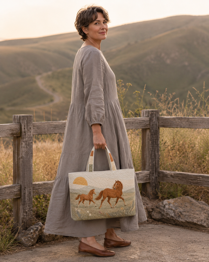 Woman carrying the Horse Sunrise Meadow quilted tote beside a wooden countryside fence