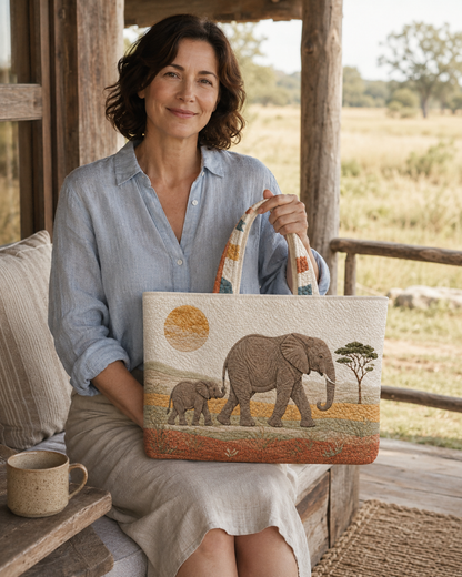 Woman holding the Elephant Dawn Passage quilted tote while seated beside a window