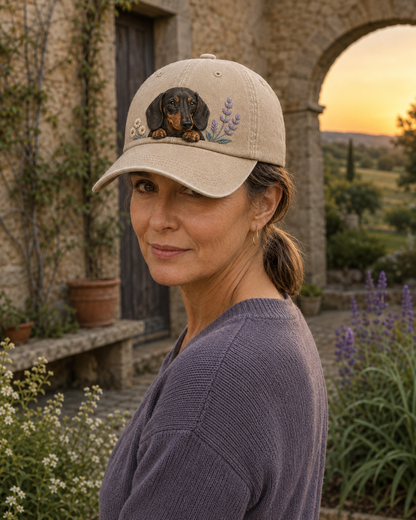 Dachshund Wildflower Peek Embroidered Washed Cap