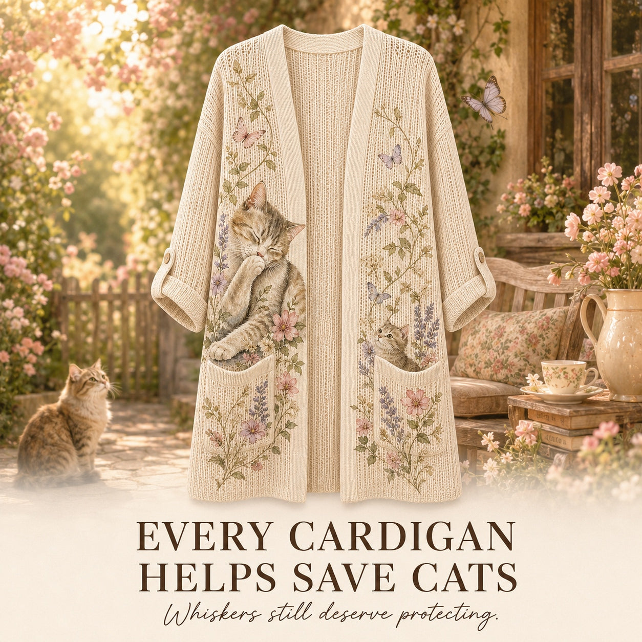 Women's Floral Garden Cat Lightweight Cardigan