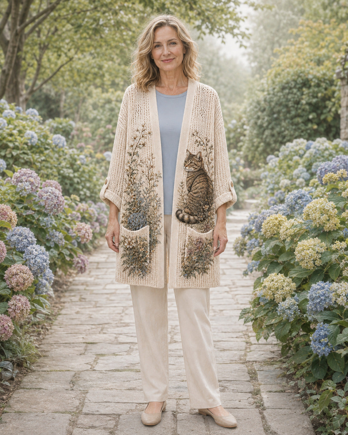 Woman wearing the Beige Hydrangea Garden Cat Summer Cardigan on a hydrangea garden path