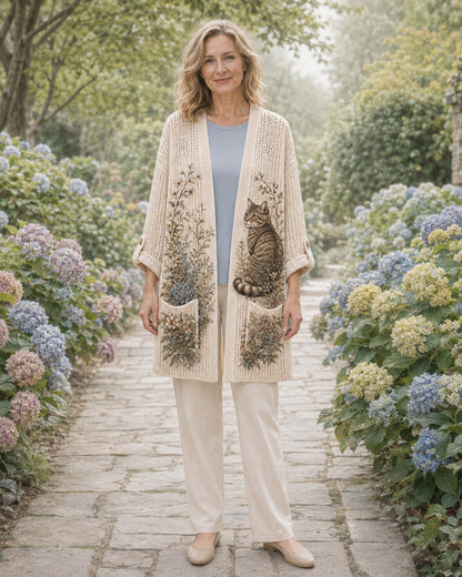 Woman wearing the Beige Hydrangea Garden Cat Summer Cardigan on a hydrangea garden path