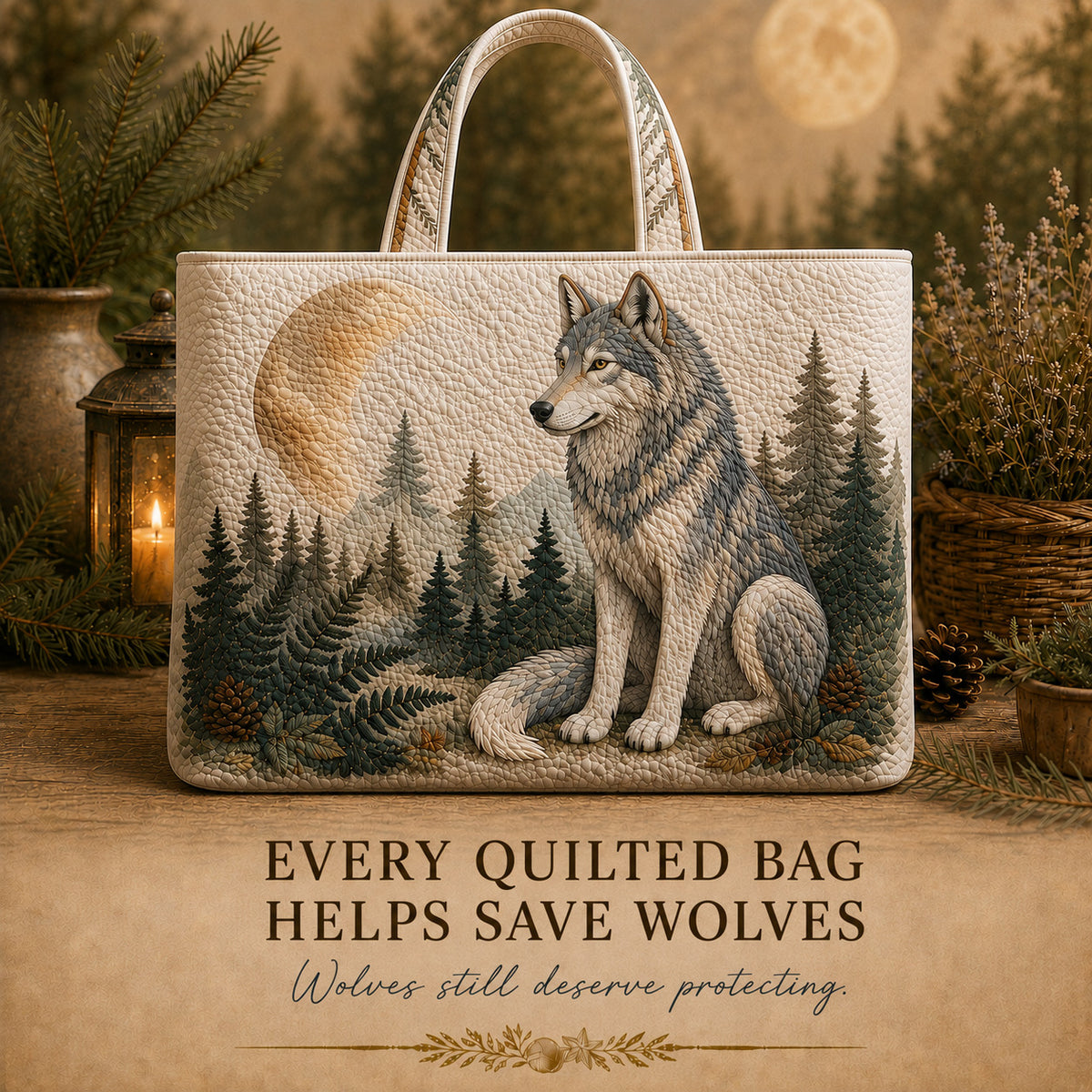 Guardian Wolf Moonlit Pines quilted tote displayed in a moonlit forest