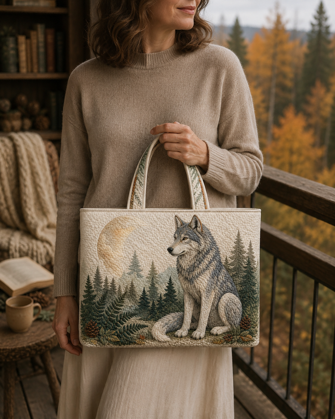 Woman carrying the Guardian Wolf Moonlit Pines quilted tote on a forest balcony
