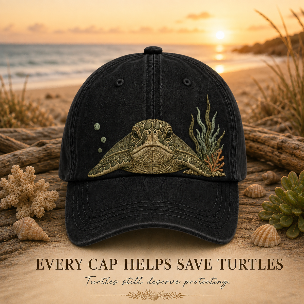 Sea Turtle Ocean Peek Embroidered Washed Cap