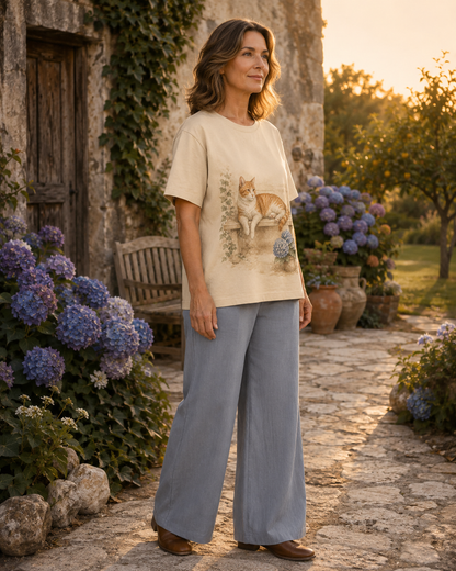 Women's Cat Hydrangea Porch Summer Tee lifestyle image 1