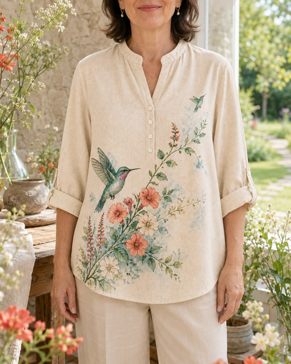 Women's Hummingbird Nectar Garden Summer Blouse lifestyle image 4